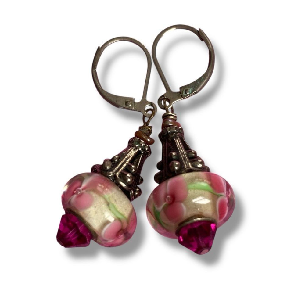 Elegant Pink and Silver Drop Earrings - Picture 4 of 9